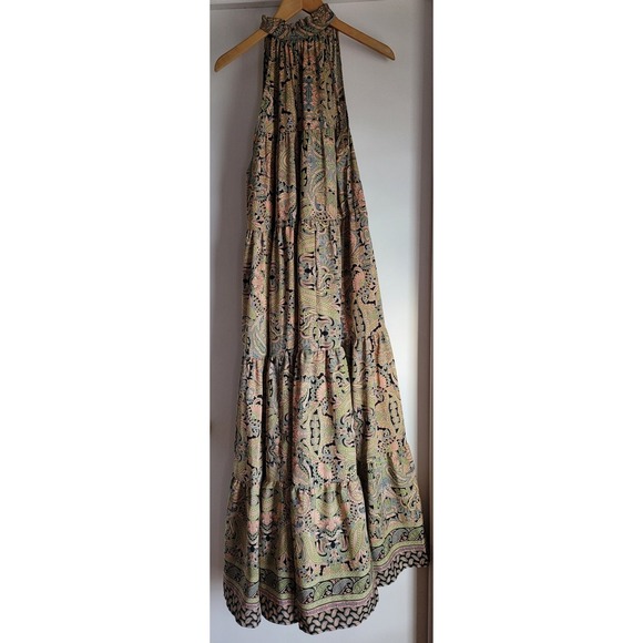 Boemo  Green Maxi Dress XL Tiered Paisley Halter Ruffle Neck Tasseled Ties Boho - Picture 4 of 6